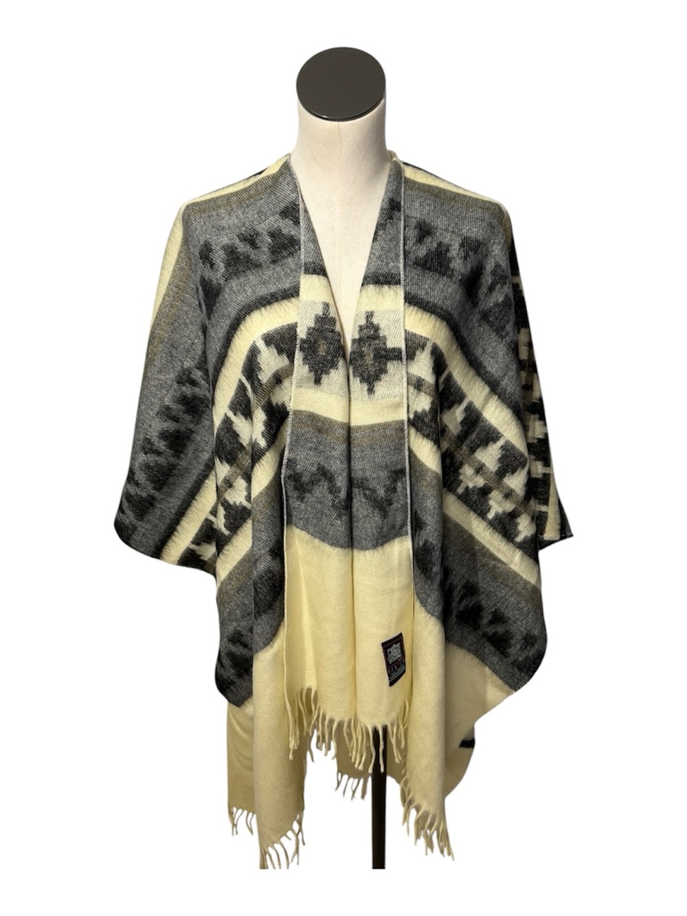 Beltex Fringed Geometric Throw Cape in Cream and Gray